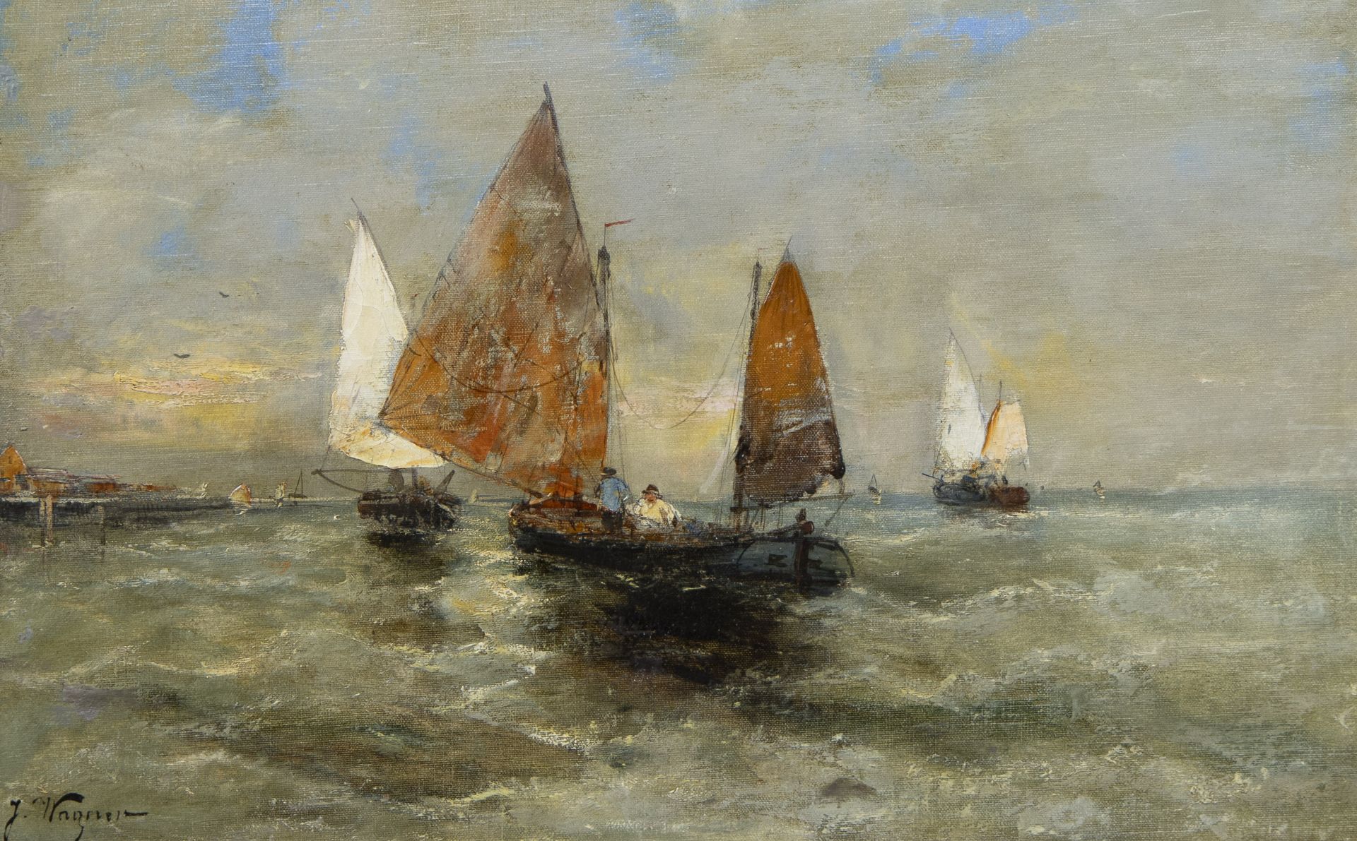 Georg FISCHHOF (1859-1914) (J. WAGNER), pendant oil on canvas Sailing boats on the water, signed - Bild 2 aus 9