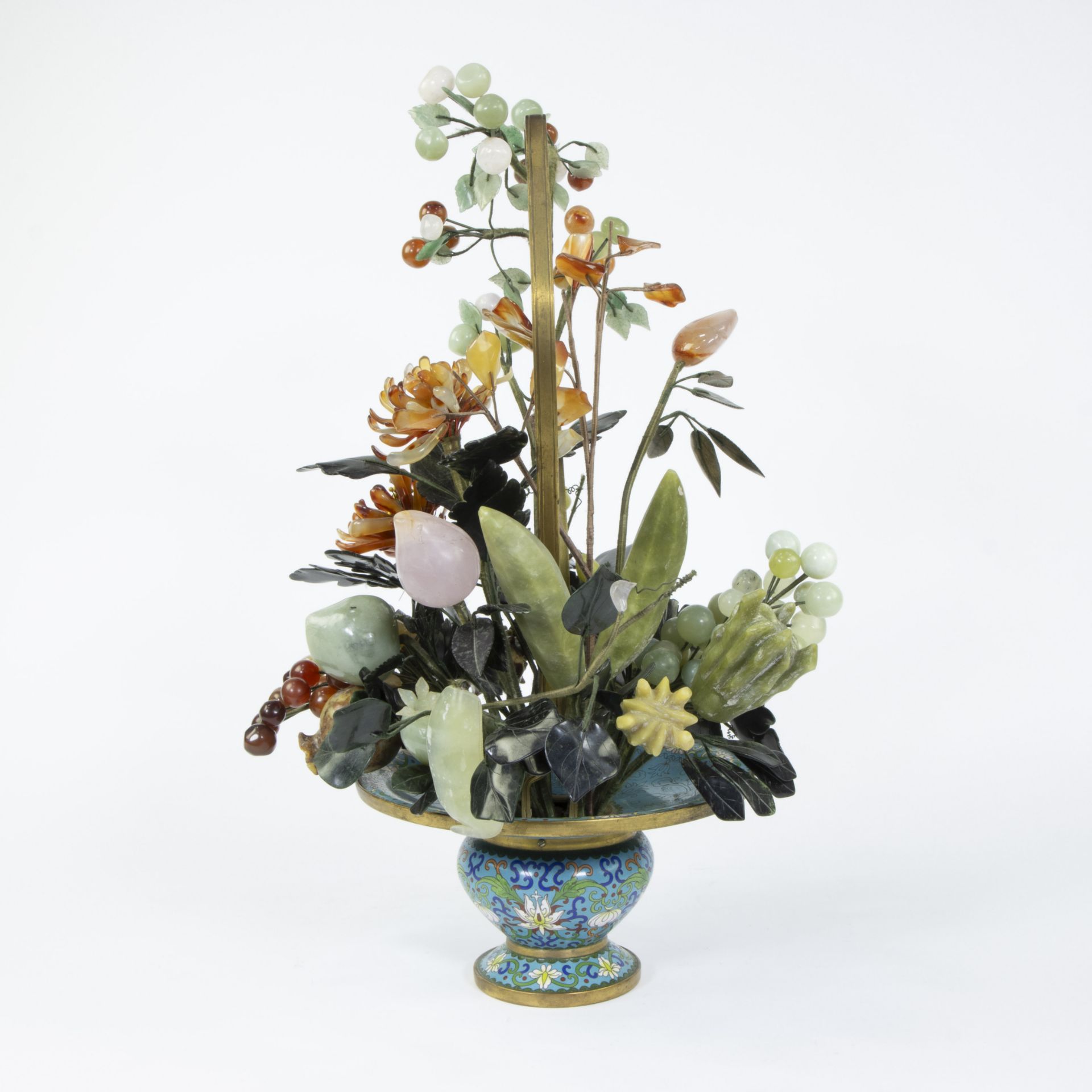 Gilt bronze Chinese cloisonne pot with a floral arrangement of hand-carved quartz glass, carnelian, - Image 2 of 4