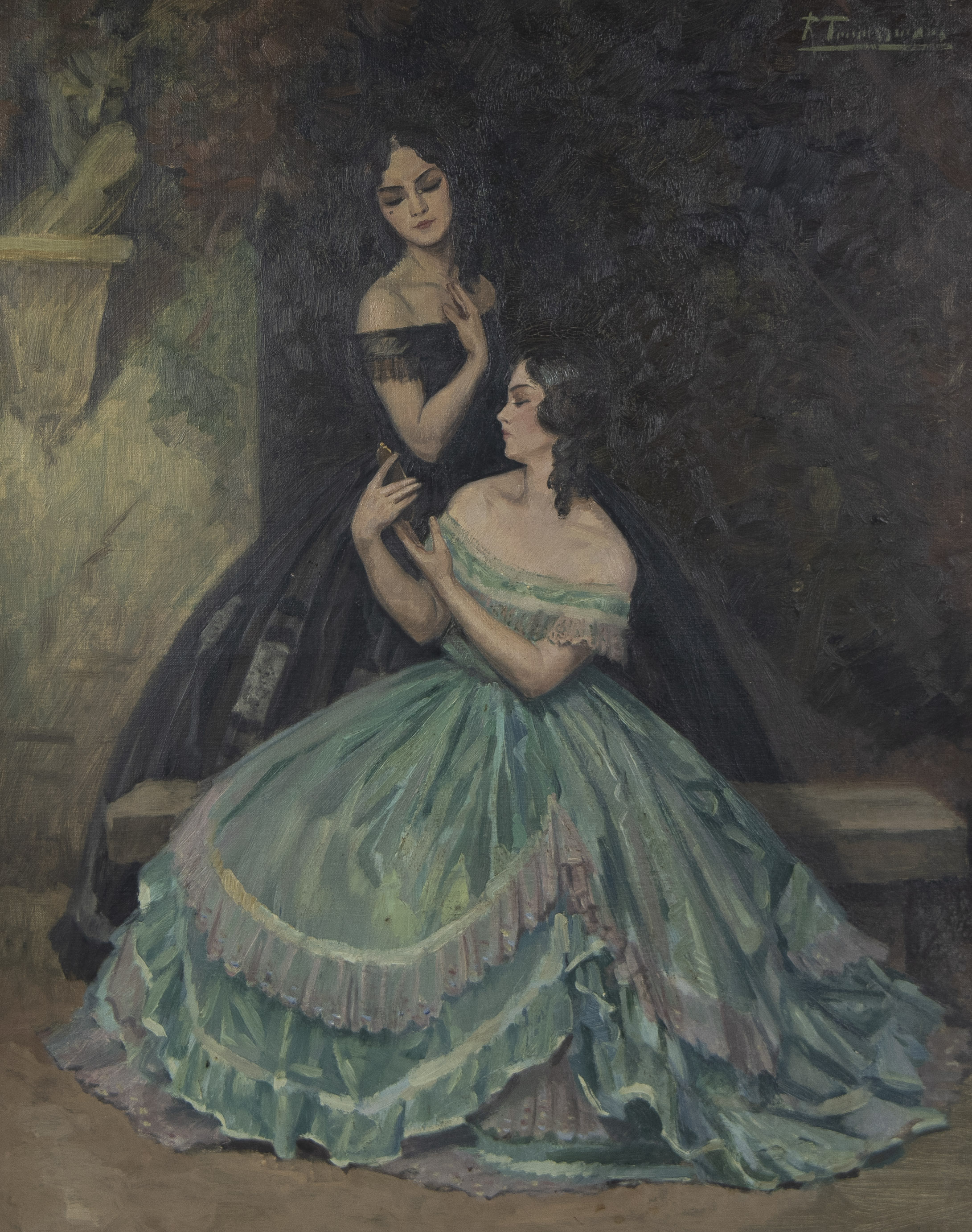 Belgian school 20th century, Oil on canvas Elegant ladies and the devil's head, signed