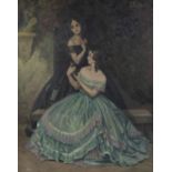 Belgian school 20th century, Oil on canvas Elegant ladies and the devil's head, signed