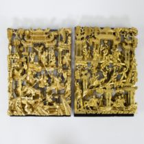 2 Chinese sculpted gilt wood panels with a war scene, Ningbo, 19/20th century