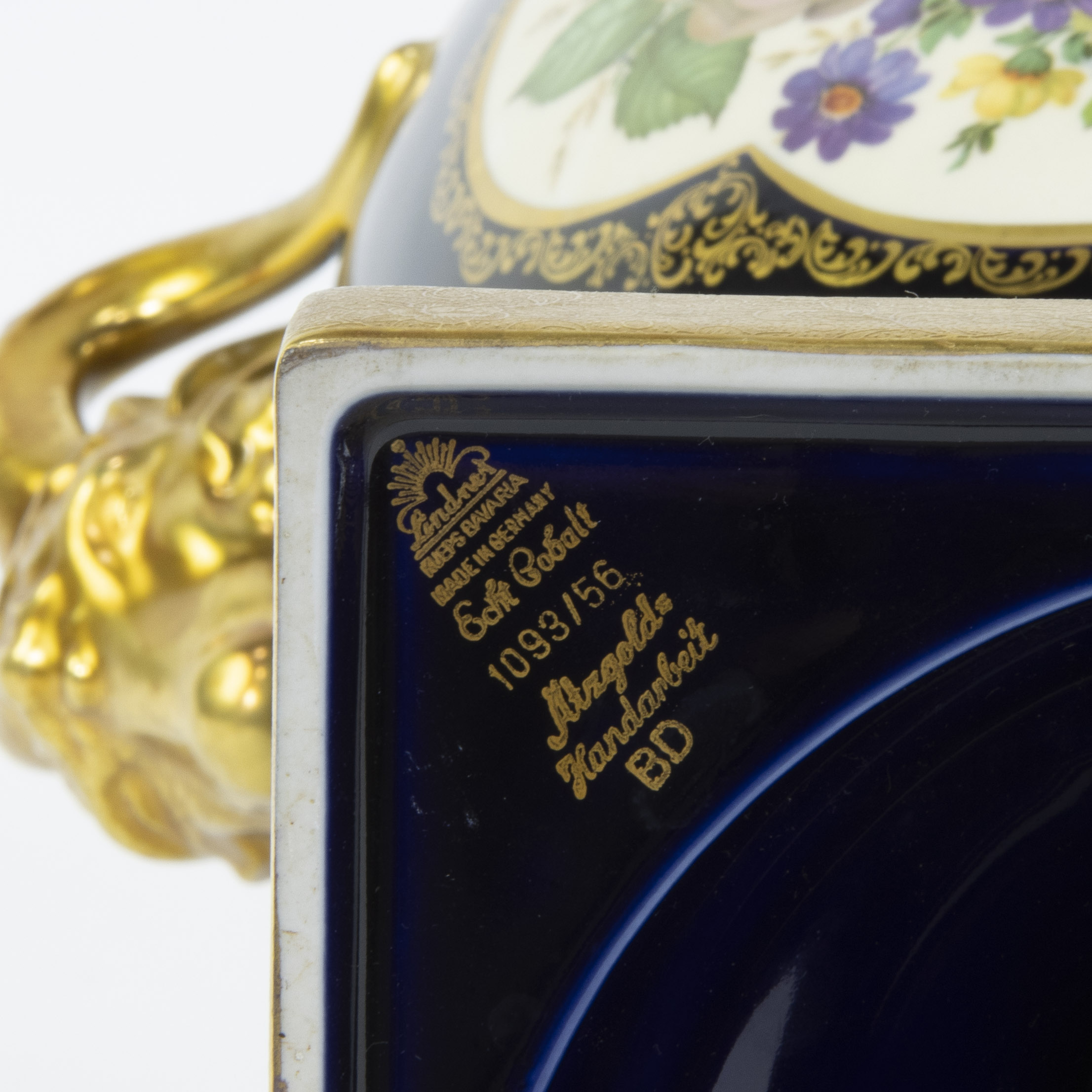 Lindner Kueps Bavaria cobalt blue and gilt porcelain vase with decoration of flowers and gilt rams h - Image 5 of 5