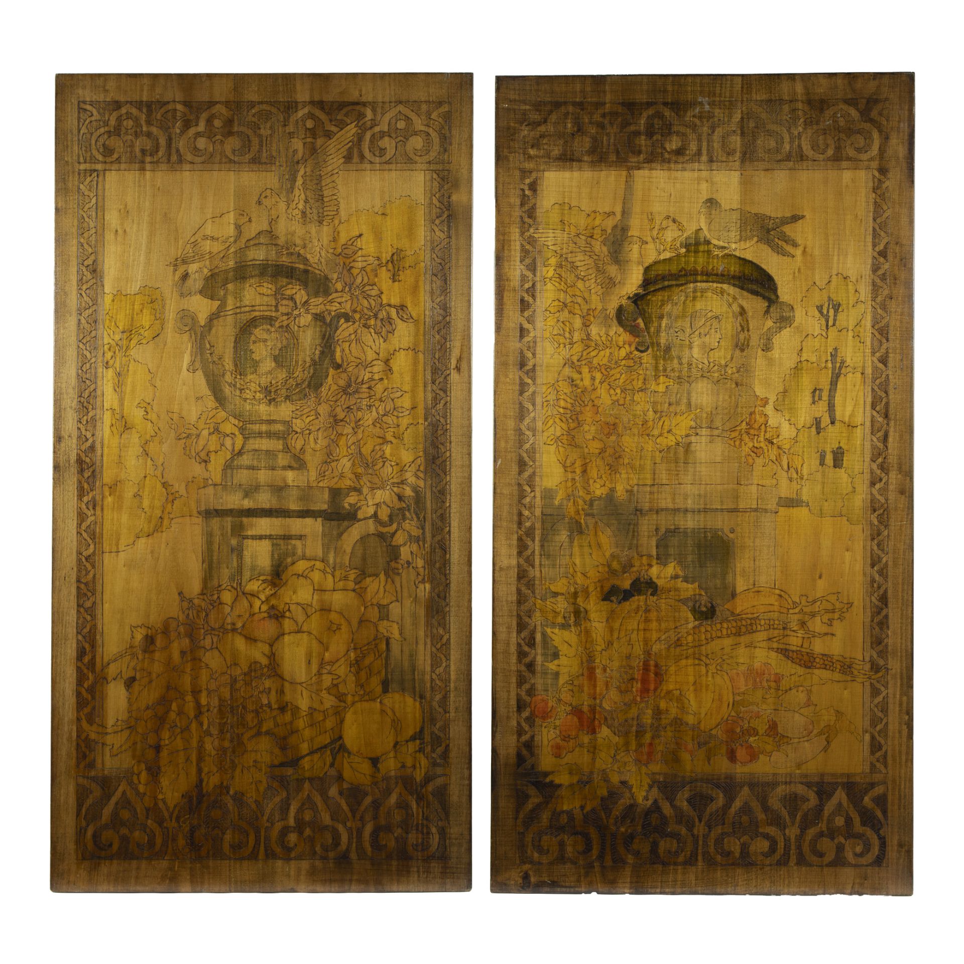 Pair of decorative wooden panels with decor of imposing garden vases and birds