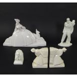 Collection of Art Deco sculptures of cracked ceramics, woman with antelope, Lemanceau, Skier, Lejan,