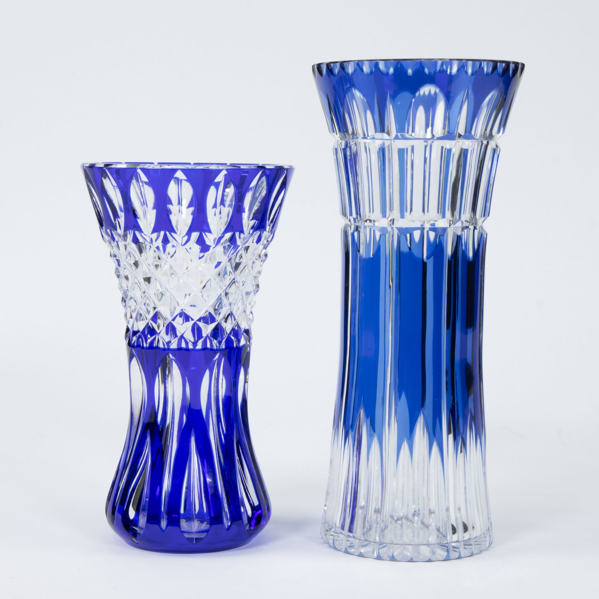 Val Saint Lambert 2 clear and blue cut crystal vases, one signed - Image 2 of 5