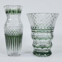 Val Saint Lambert, 2 clear and green cut crystal Art Deco vases, one signed