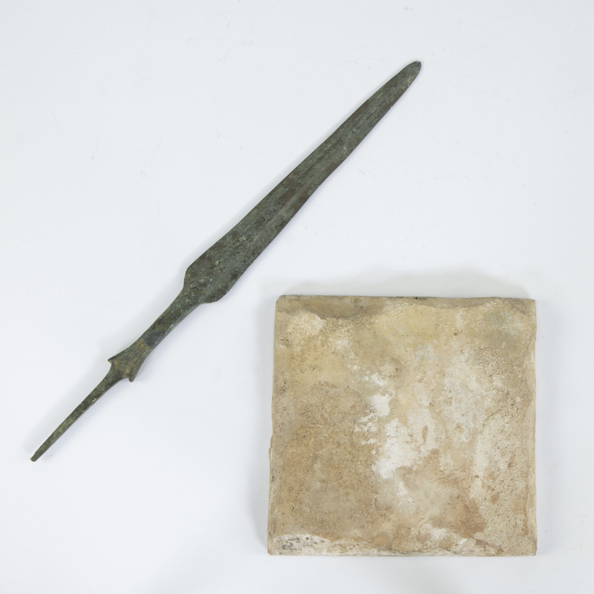 Iranian tile from Isfahan mosque (1967 demolition) and bronze spearhead Lorestan - Image 2 of 2