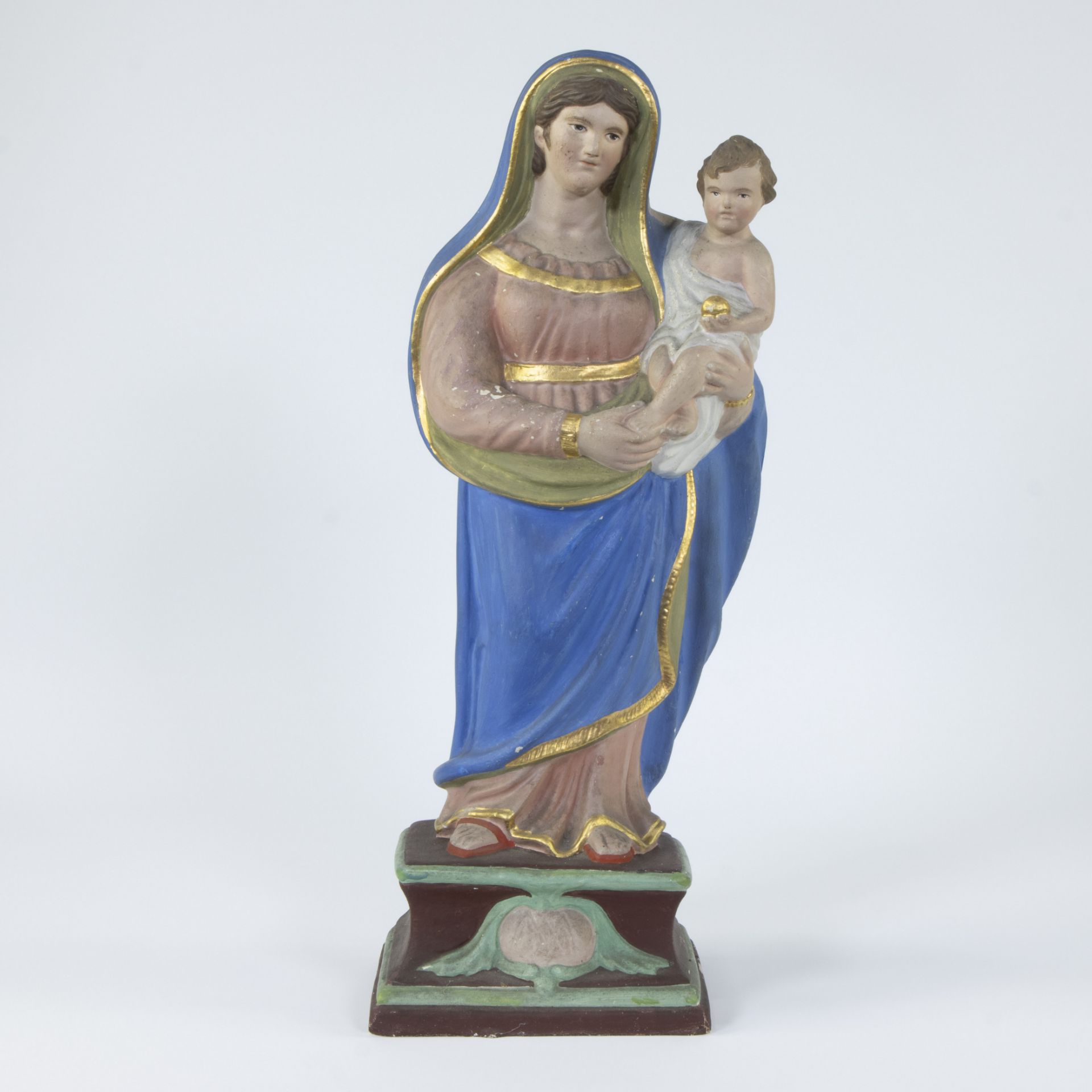 Polychrome plaster madonna with child, folk art, 18th century