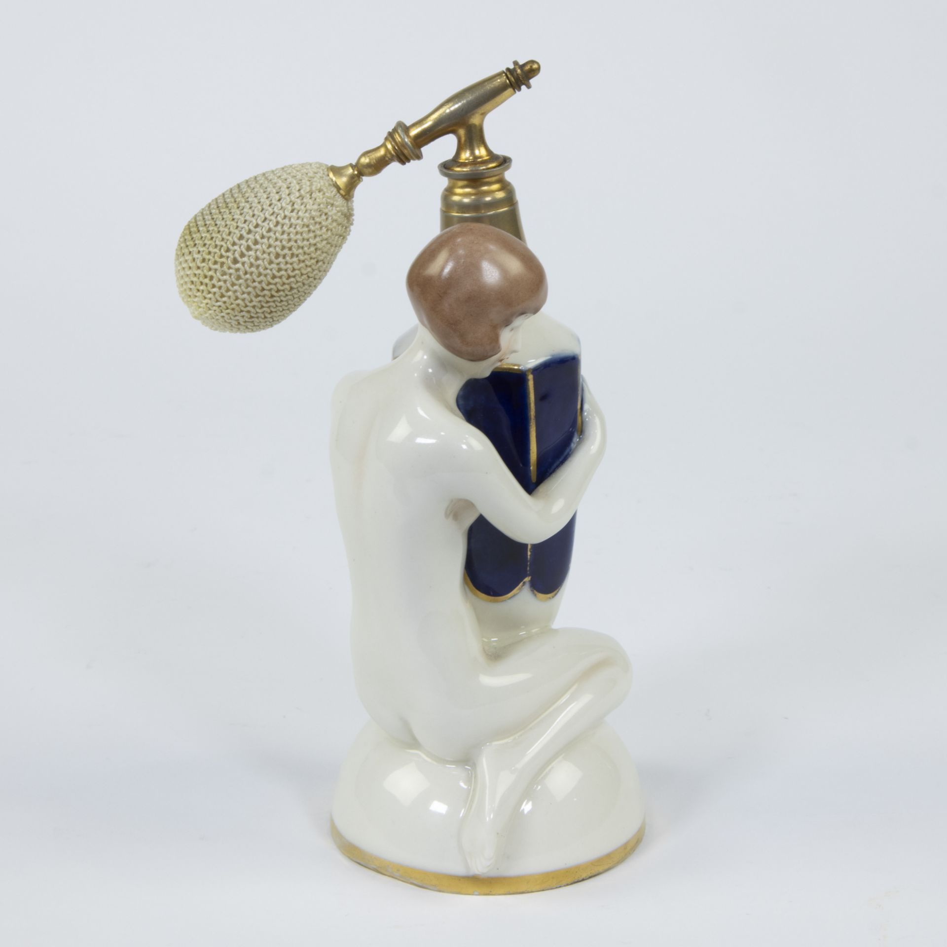 A Royal Dux art deco fine porcelain perfume bottle depicting a nude woman holding a faceted vase dec - Image 4 of 5