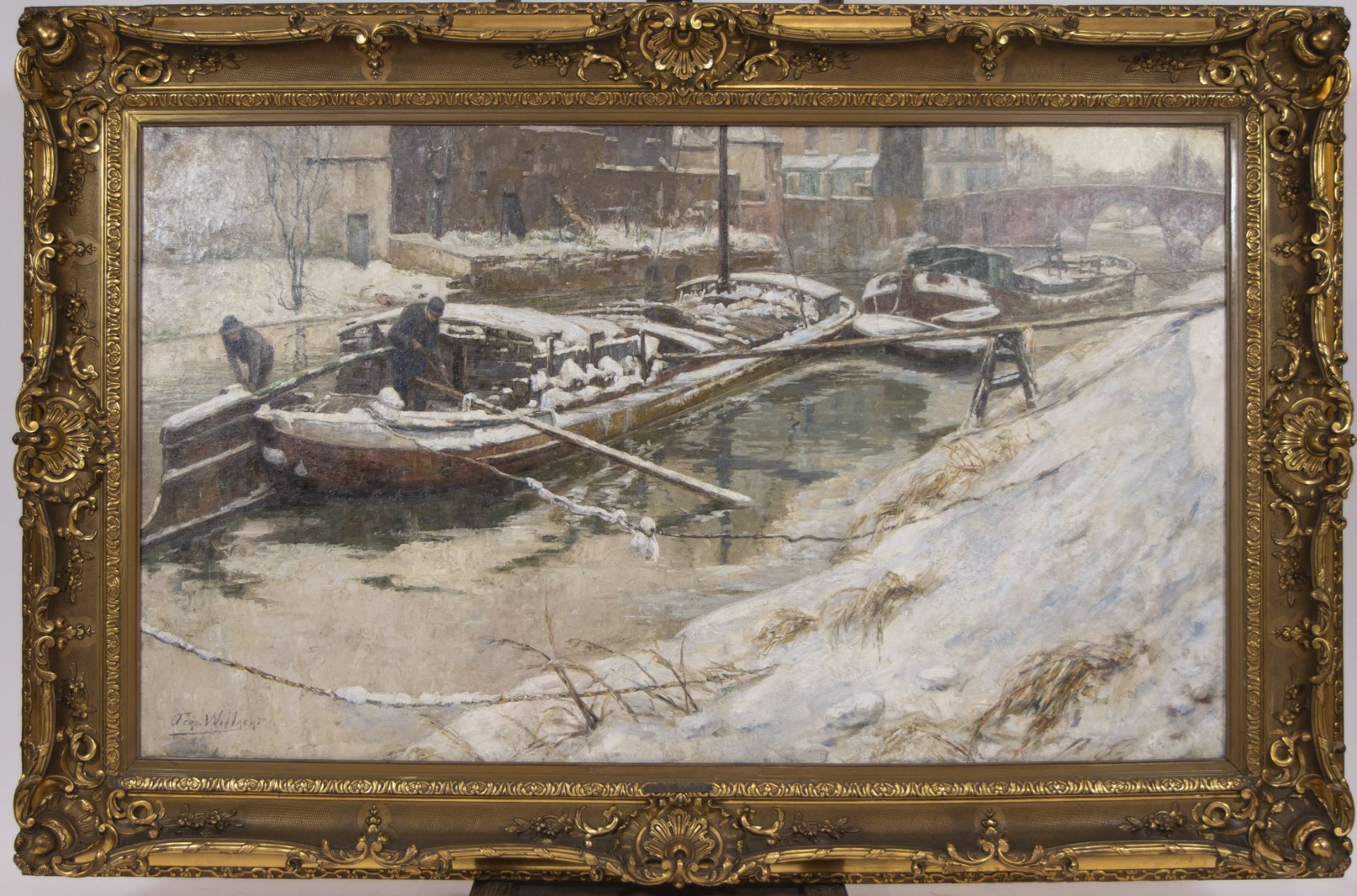 Ferdinand WILLAERT (1861-1938), oil on canvas clearing snow from barge, signed - Bild 2 aus 5