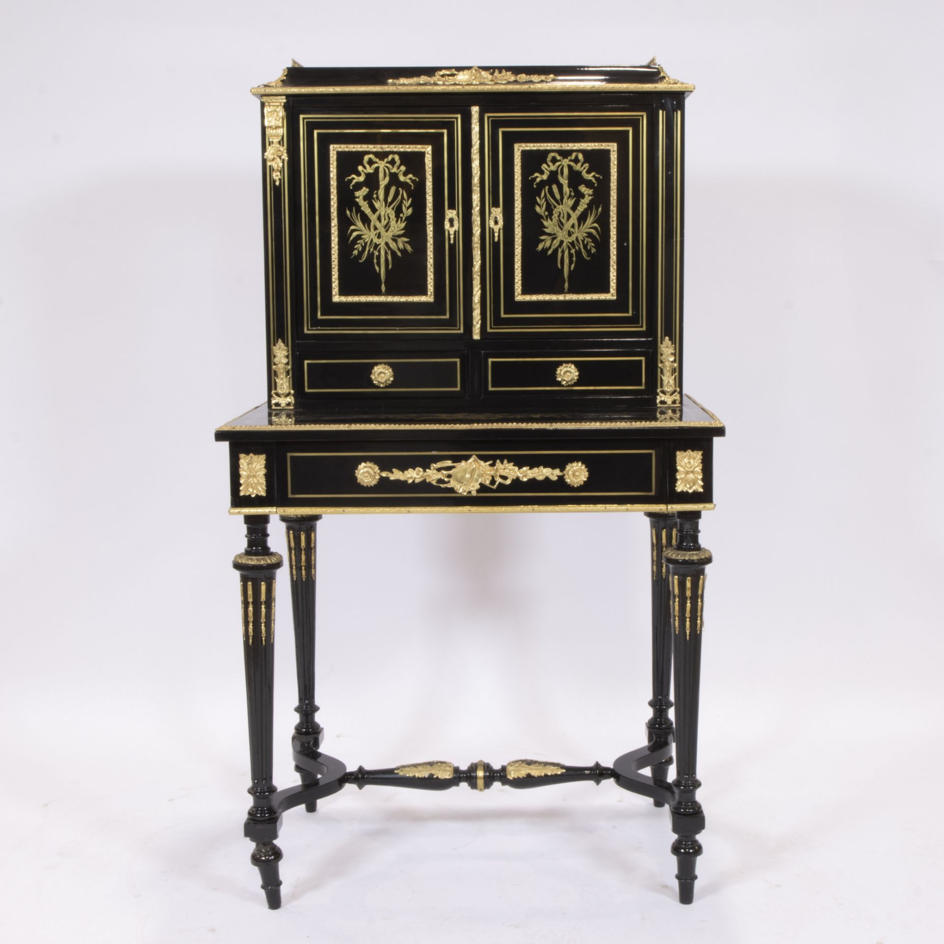 Black lacquered furniture Napoleon III Bonheur du Jour with gilt bronze fittings