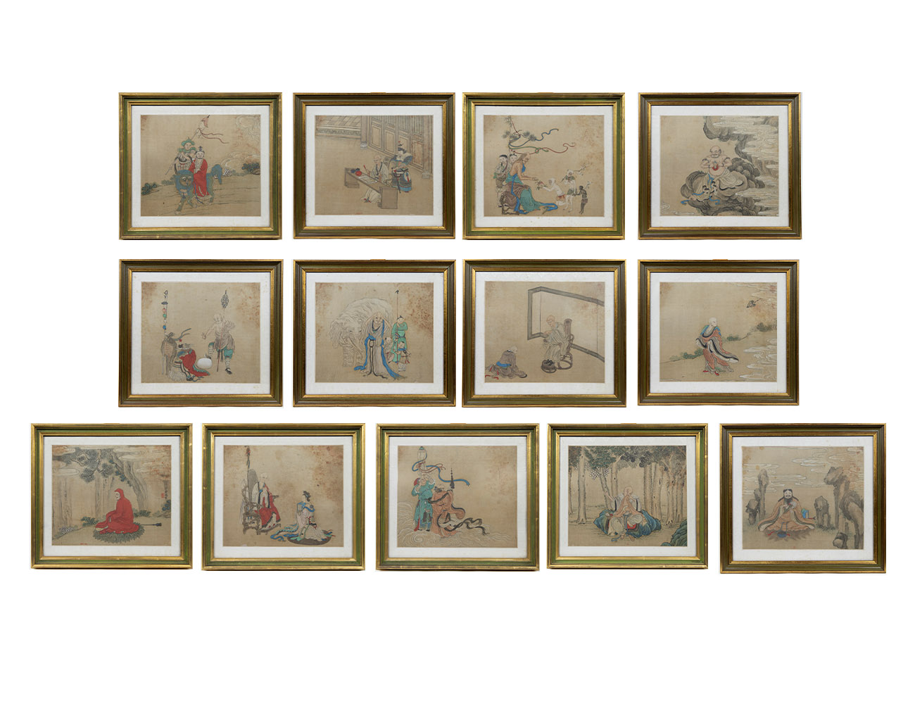 Set of 13 Chinese coloured drawings on silk, 19th century, some are signed