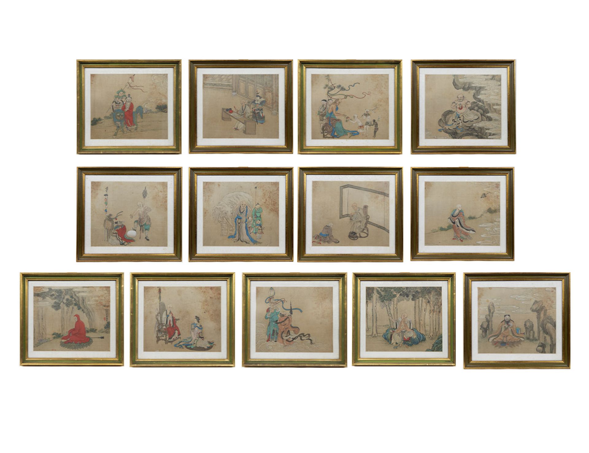 Set of 13 Chinese coloured drawings on silk, 19th century, some are signed