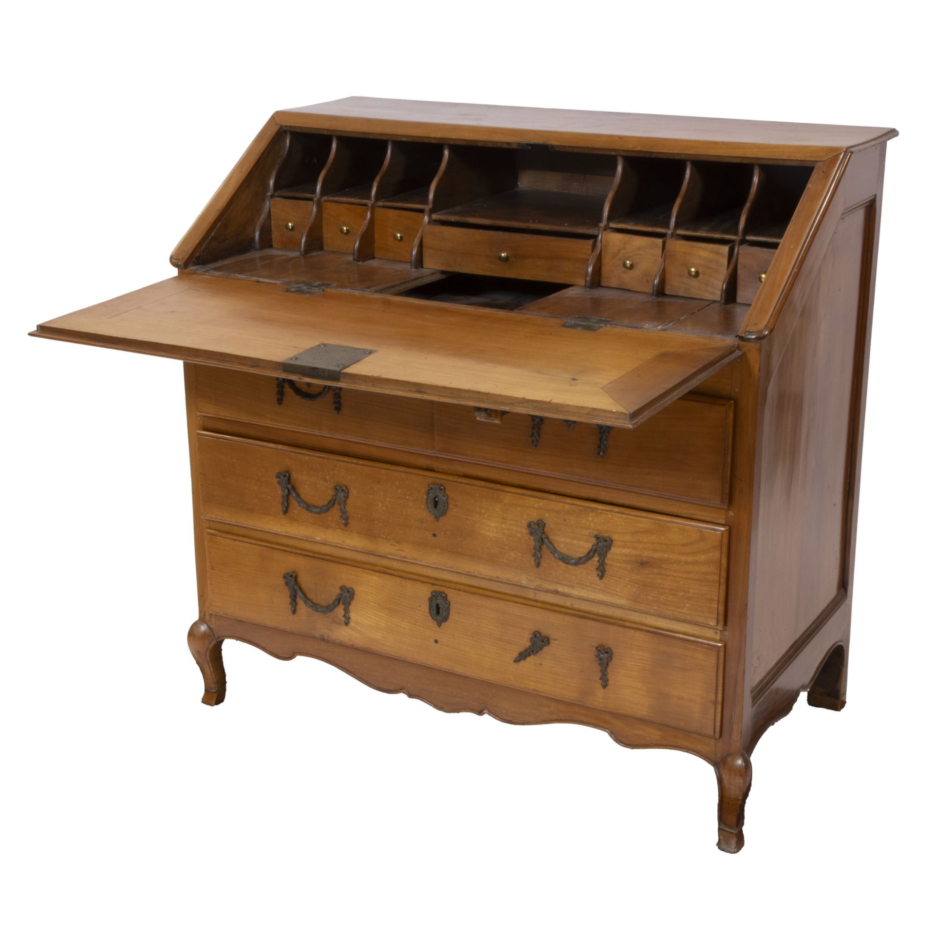 A French flap secretaire with 3 drawers decorated with 'garland' handles, interior comprising 7 smal - Image 2 of 2