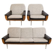 Vintage lounge in pallisander and black skai, three-seat and 2 one-seat, 1960s