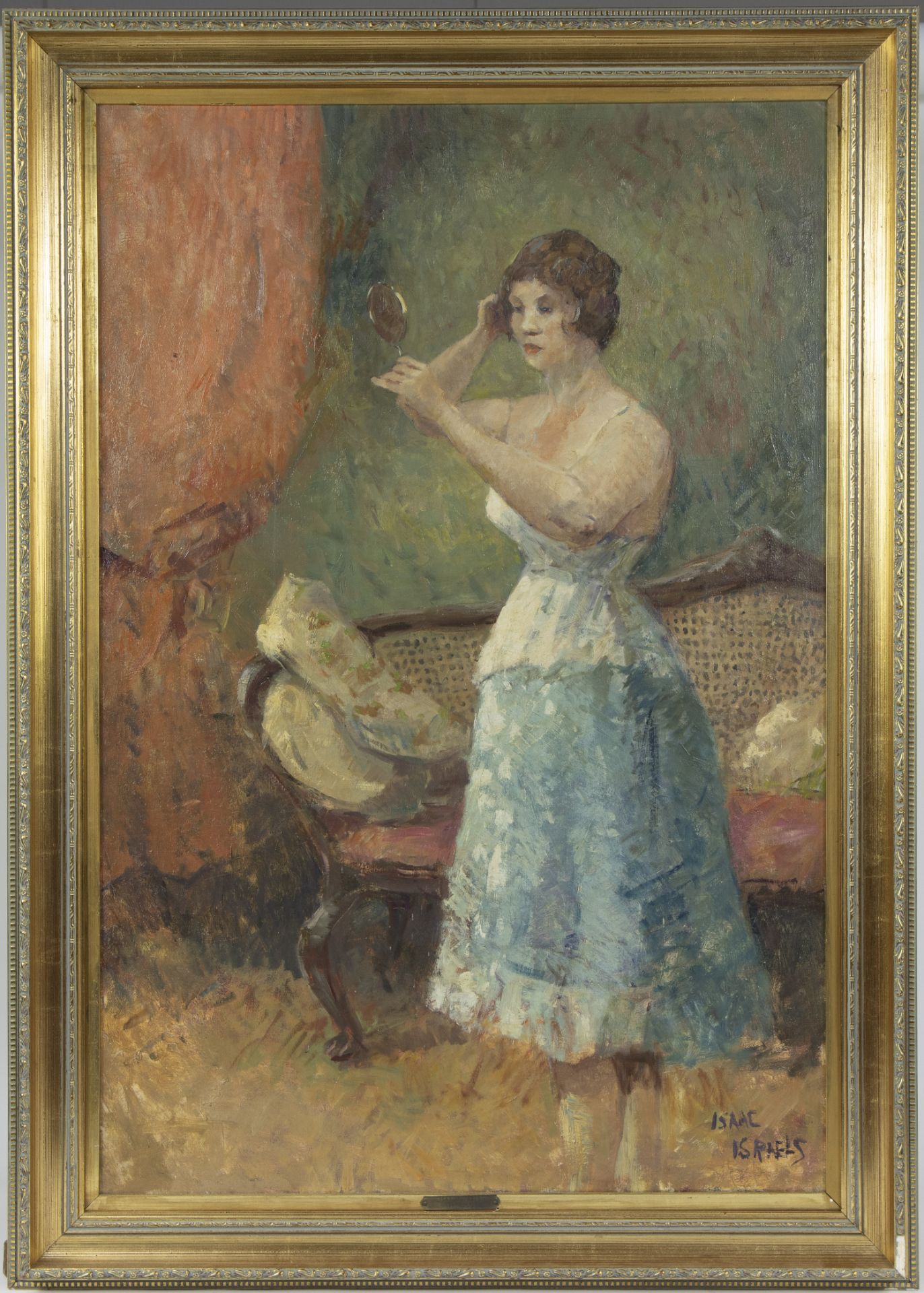 Oil on canvas Lady with make-up mirror, signed Isaac ISRAELS - Image 2 of 4