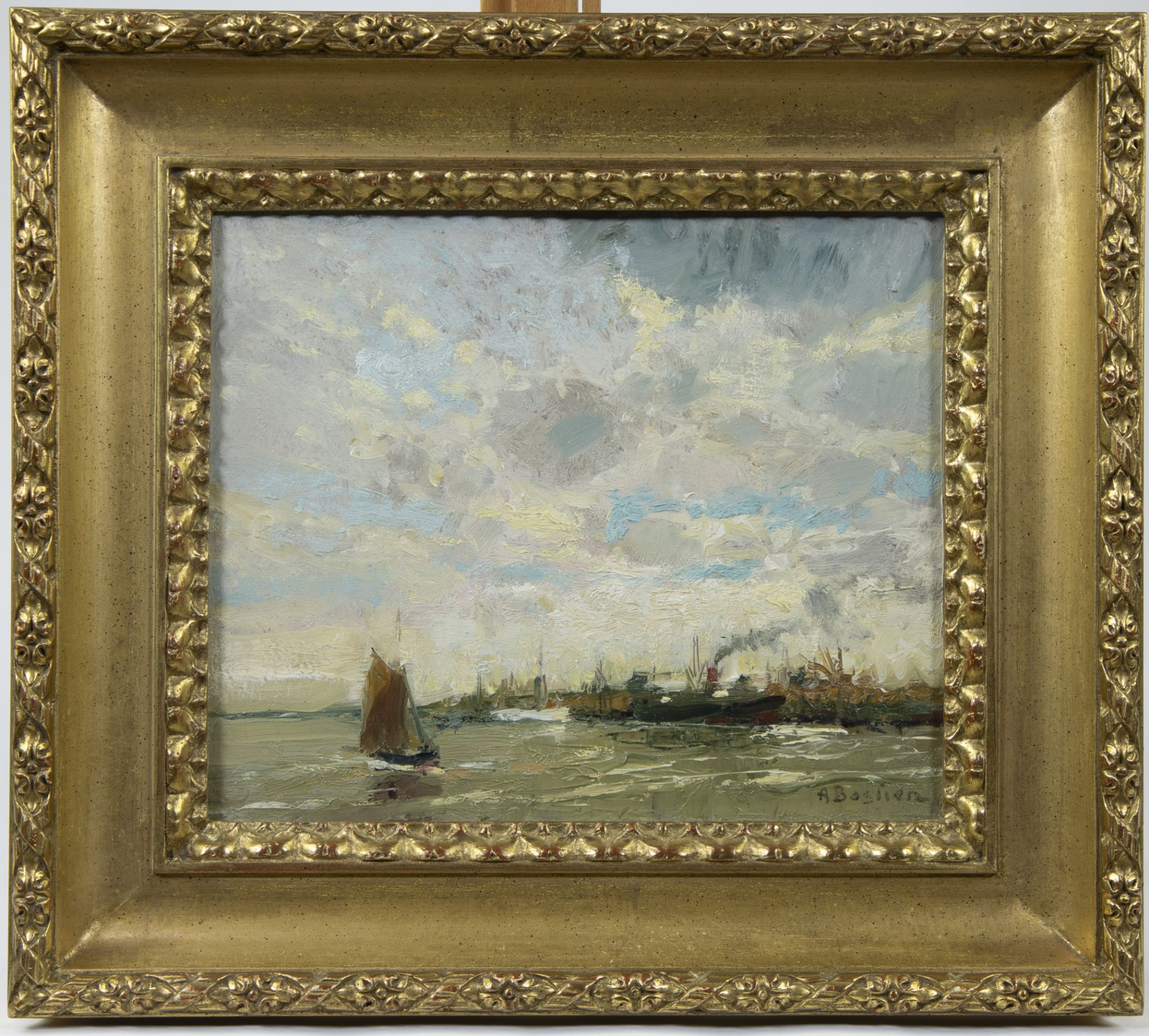 Alfred T. BASTIEN (1873-1955), oil on panel Port view Brussels, signed - Bild 2 aus 4