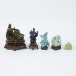 5 Chinese figurines in tiger eye, amethyst, howlite and serpentine