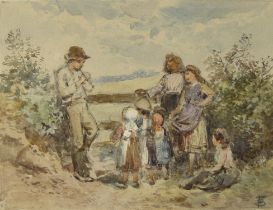 Myles Birket FOSTER (1825-1899), watercolour Family scene, monogrammed
