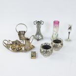 Collection of Art Nouveau items, pair of flower pots, vase, enamelled vase, dish with milk jug and s
