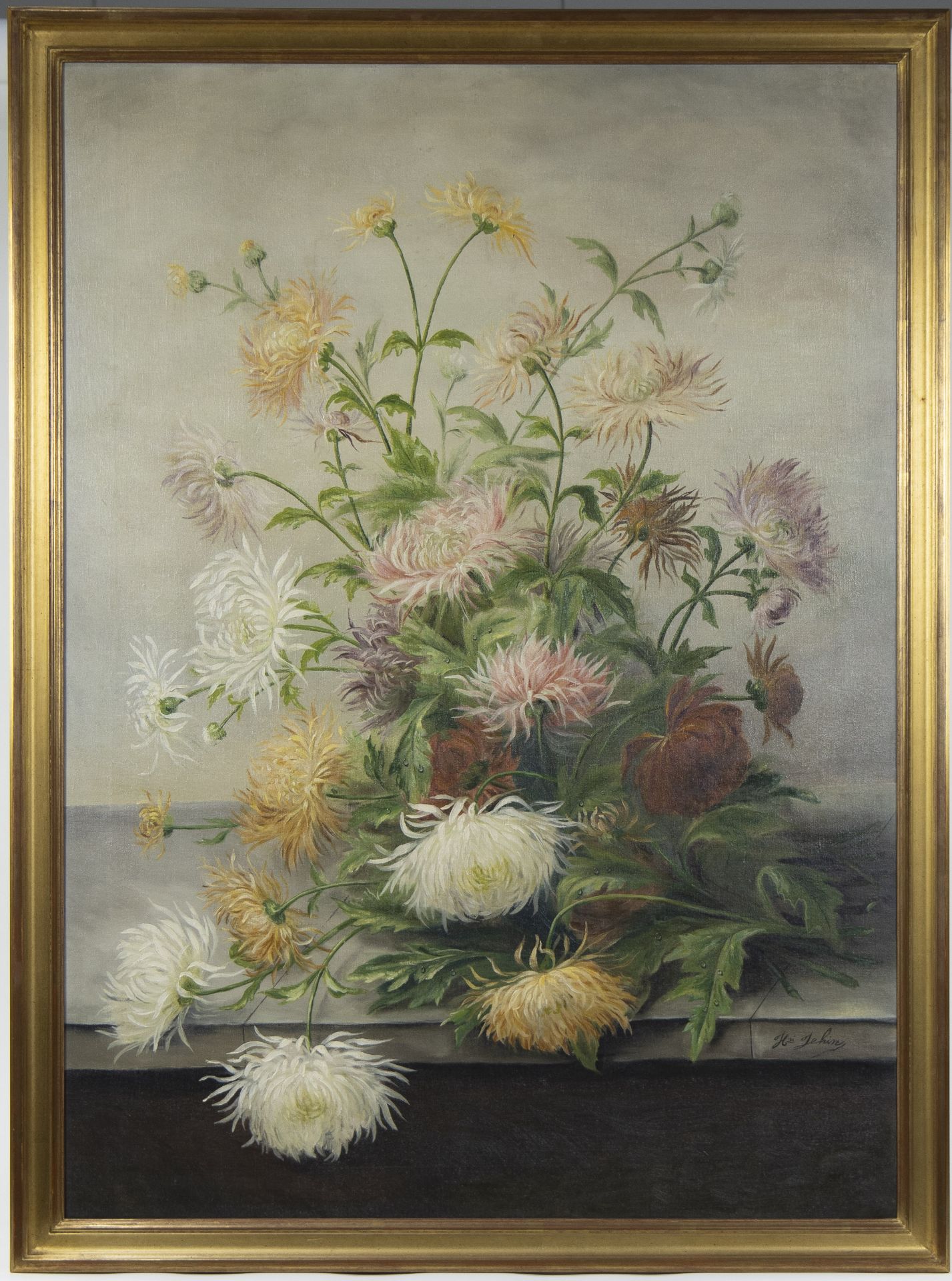 Henri JEHIN (1812-1880), oil on canvas Bouquet of dahlias on a stone, signed - Image 2 of 4