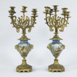 Pair of French candlesticks Napoleon III in Sèvres style with hand-painted romantic decor and gilt r