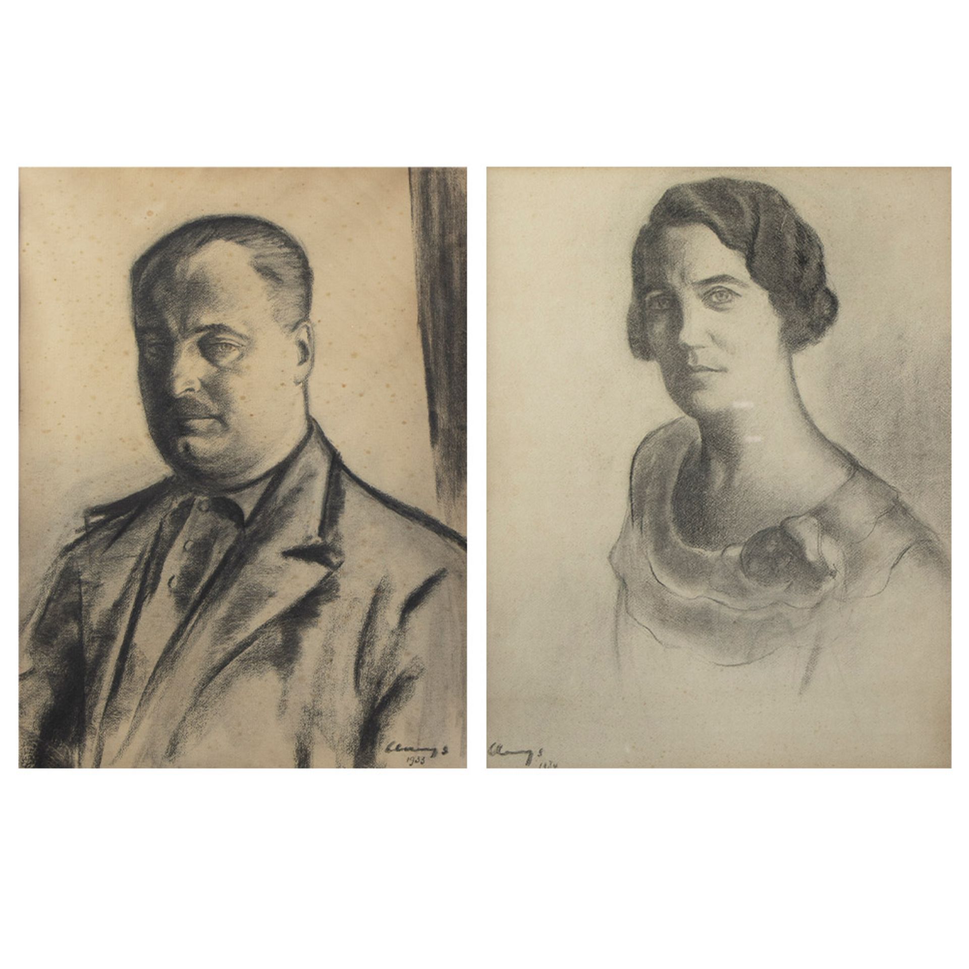 Albert CLAEYS (1889-1967), charcoal drawing (2) portrait of a man and a woman, signed and dated 1933