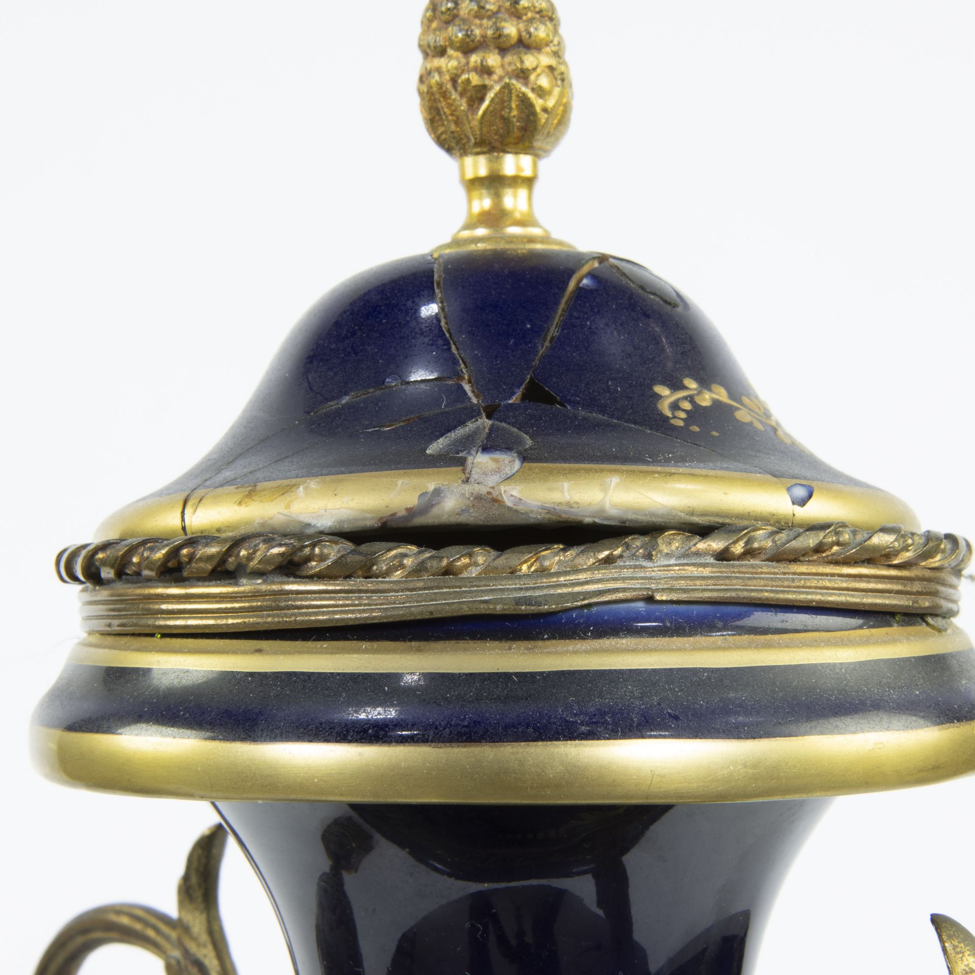 A pair of Sèvres ornamental vases of cobalt blue porcelain and gilt brass and decorated with multi-c - Bild 6 aus 7