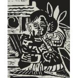 Lionel VINCHE (1936), linocut Flute player, numbered 57/70 and signed