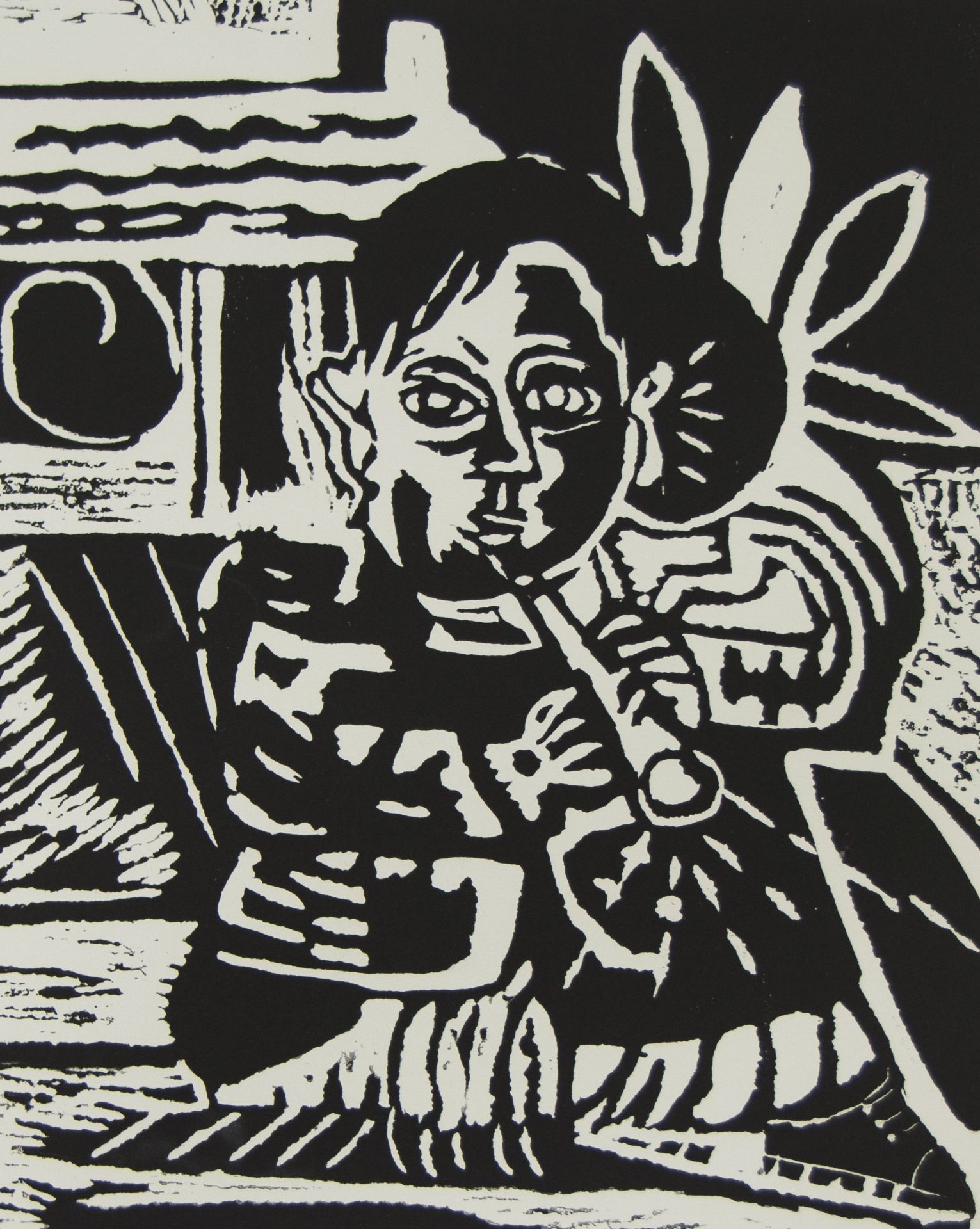 Lionel VINCHE (1936), linocut Flute player, numbered 57/70 and signed