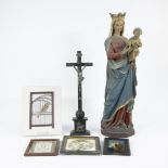 Religious items, 3 frames folk art, polychrome statue Madonna and child, tile tableau and Corpus