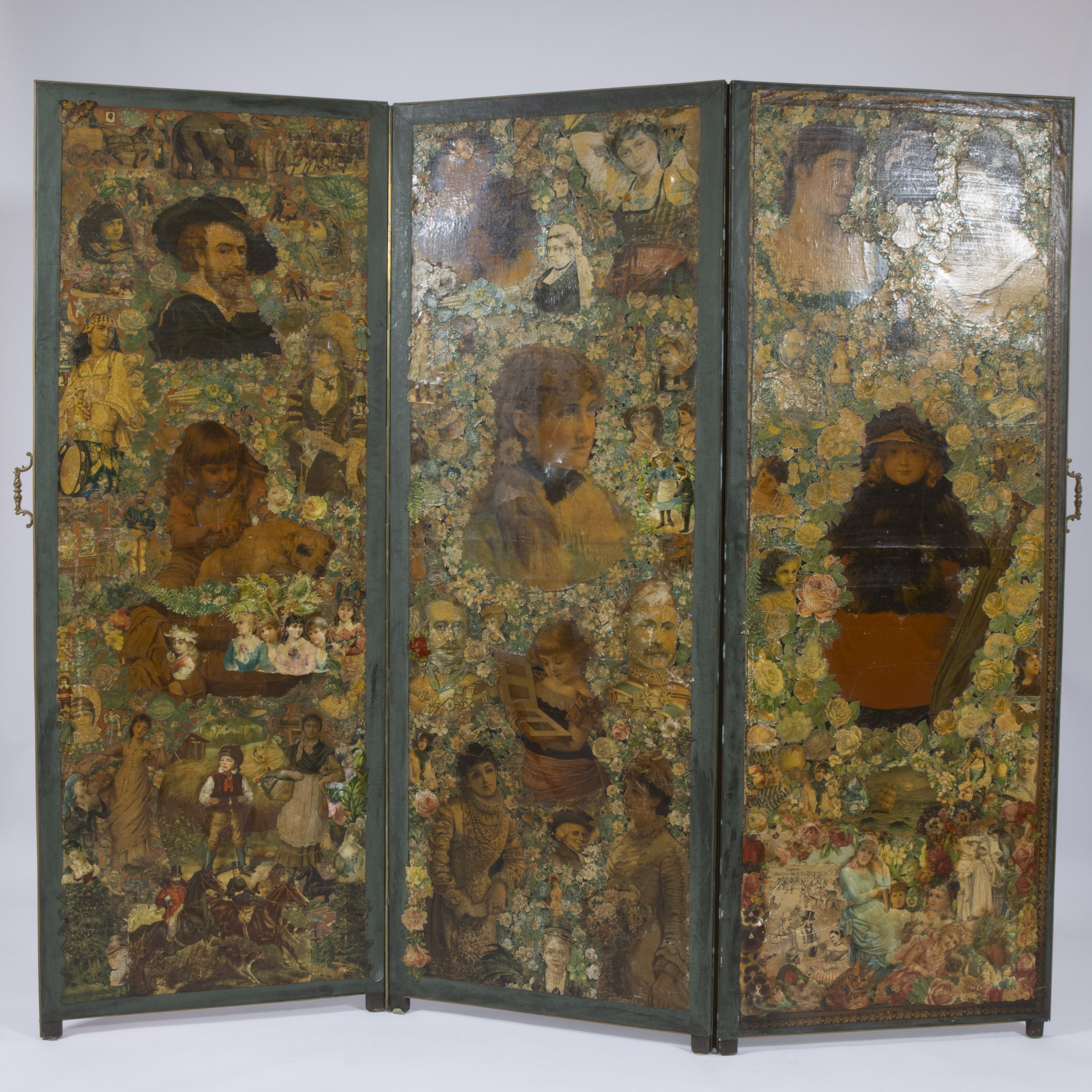 A Victorian three-piece room divider with a collage of mounted prints on each panel along both sides - Image 3 of 4