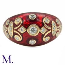 A Diamond and Enamel Ring in 14k yellow gold, the bombe ring in red enamel with scrolling details