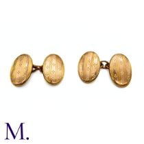 A Pair of Rose Gold Deco Cufflinks in 9k rose gold, of oval form with engraved detailing, full