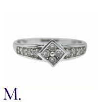 A Diamond Ring in 9k white gold, the central square motif set with four round cut diamonds with