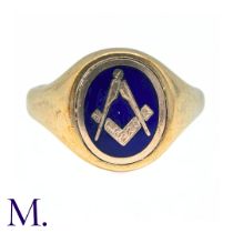 A Masonic Swivel Ring in 9k yellow gold, the signet ring with blue enamel set with gold square and