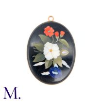 A Pietra Dura Pendant in rose gold, the intricate floral pietra dura plaque set within a gold