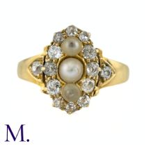 A Pearl And Diamond Ring in yellow gold, the navette form set to the centre with a trio of pearls