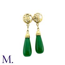 A pair of Chrysoprase Earrings in yellow metal, each designed as a Chinese character suspending a