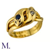 An Antique Sapphire And Diamond Snake Ring in 18k yellow gold, designed and two intertwined snakes
