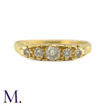 An Antique Diamond Five Stone Ring in yellow gold, set with old cut diamonds. (Unmarked but test