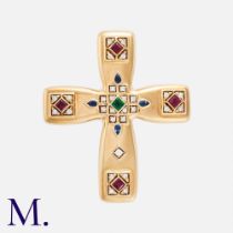 CARTIER 1993, An Emerald, Sapphire & Diamond Byzantine Cross Brooch Pendant in 18k yellow gold,