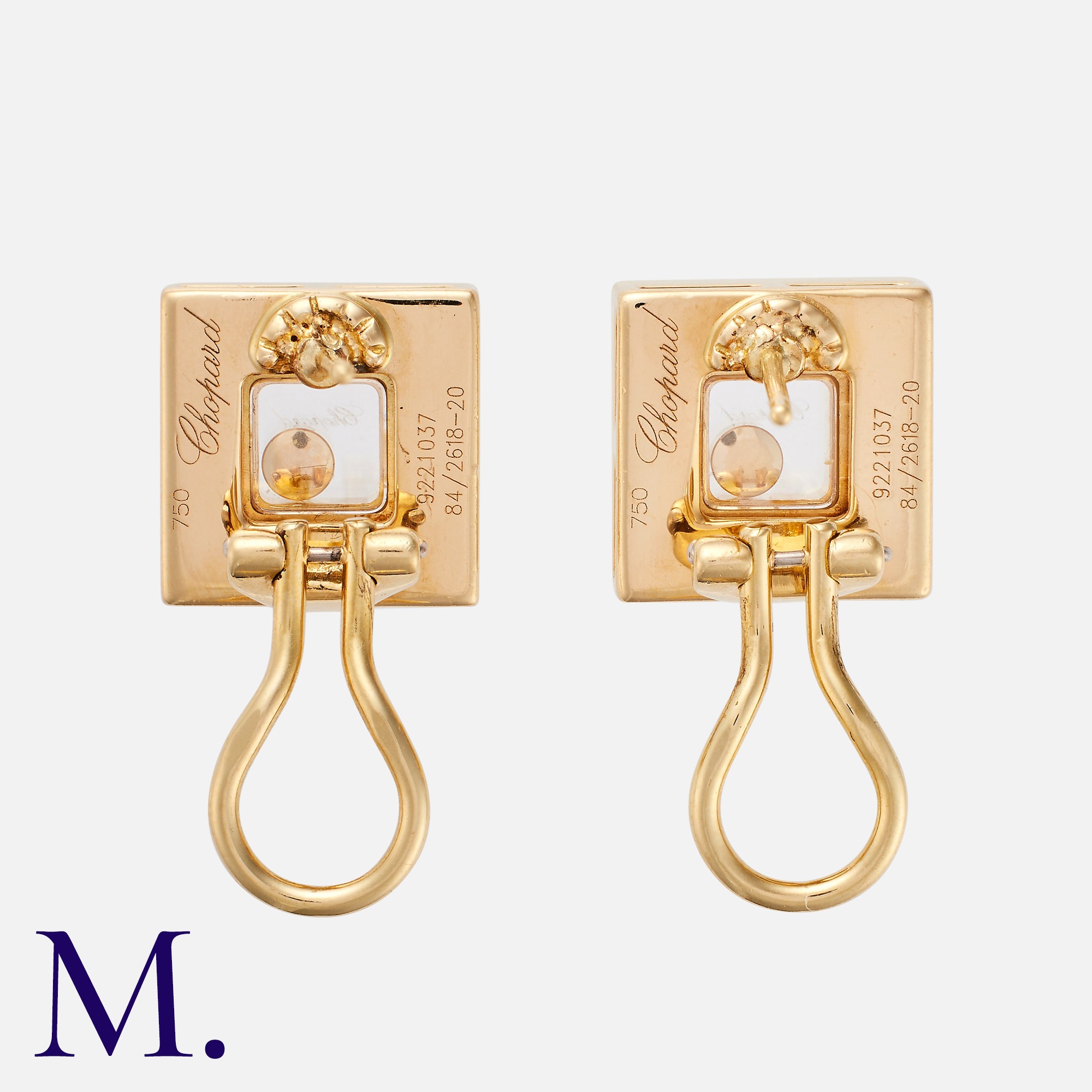 CHOPARD. A Pair Of Happy Diamond Earrings in 18k yellow gold, each comprising a 'floating' round cut - Image 2 of 2