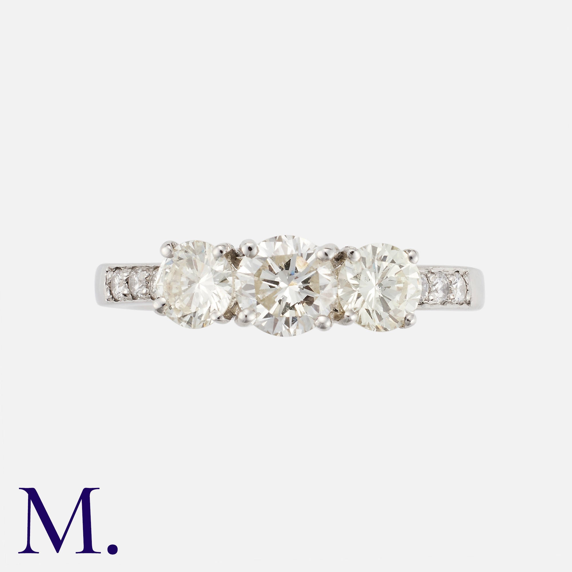 A Diamond Three-Stone Ring in platinum, set with three round brilliant cut diamonds, all diamonds