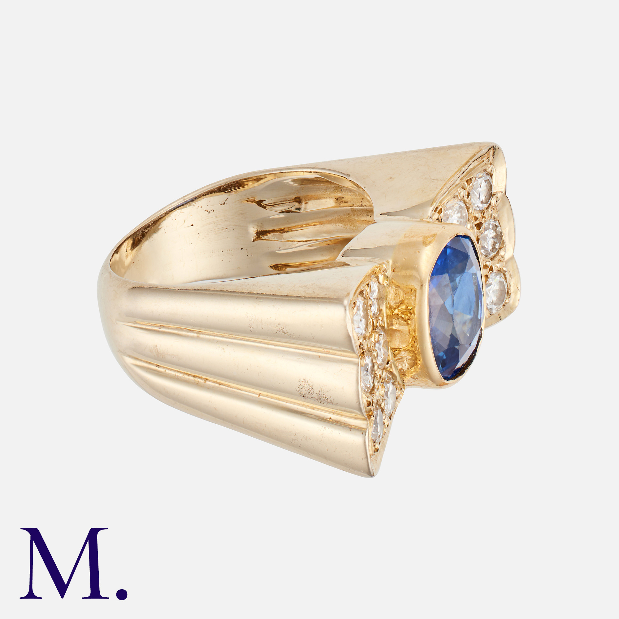 A Sapphire & Diamond Retro Ring in 18K yellow gold, set with an oval-cut sapphire accompanied by a - Image 2 of 2