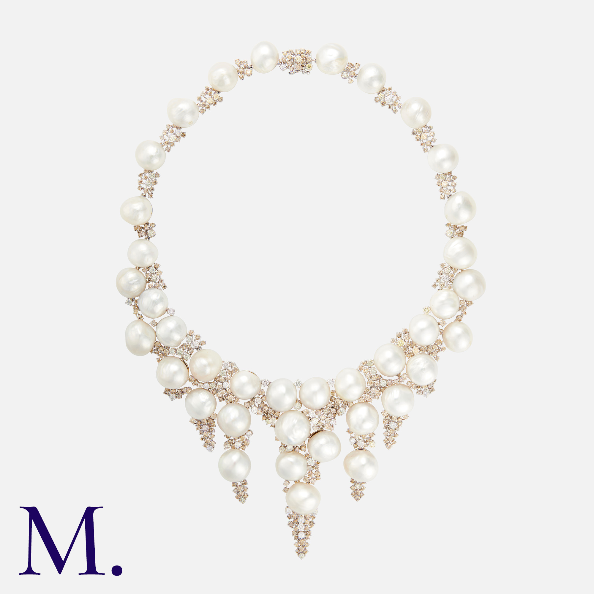 An Impressive South Sea Pearl & Coloured Diamond Fringe Necklace, in 18k white gold, comprising