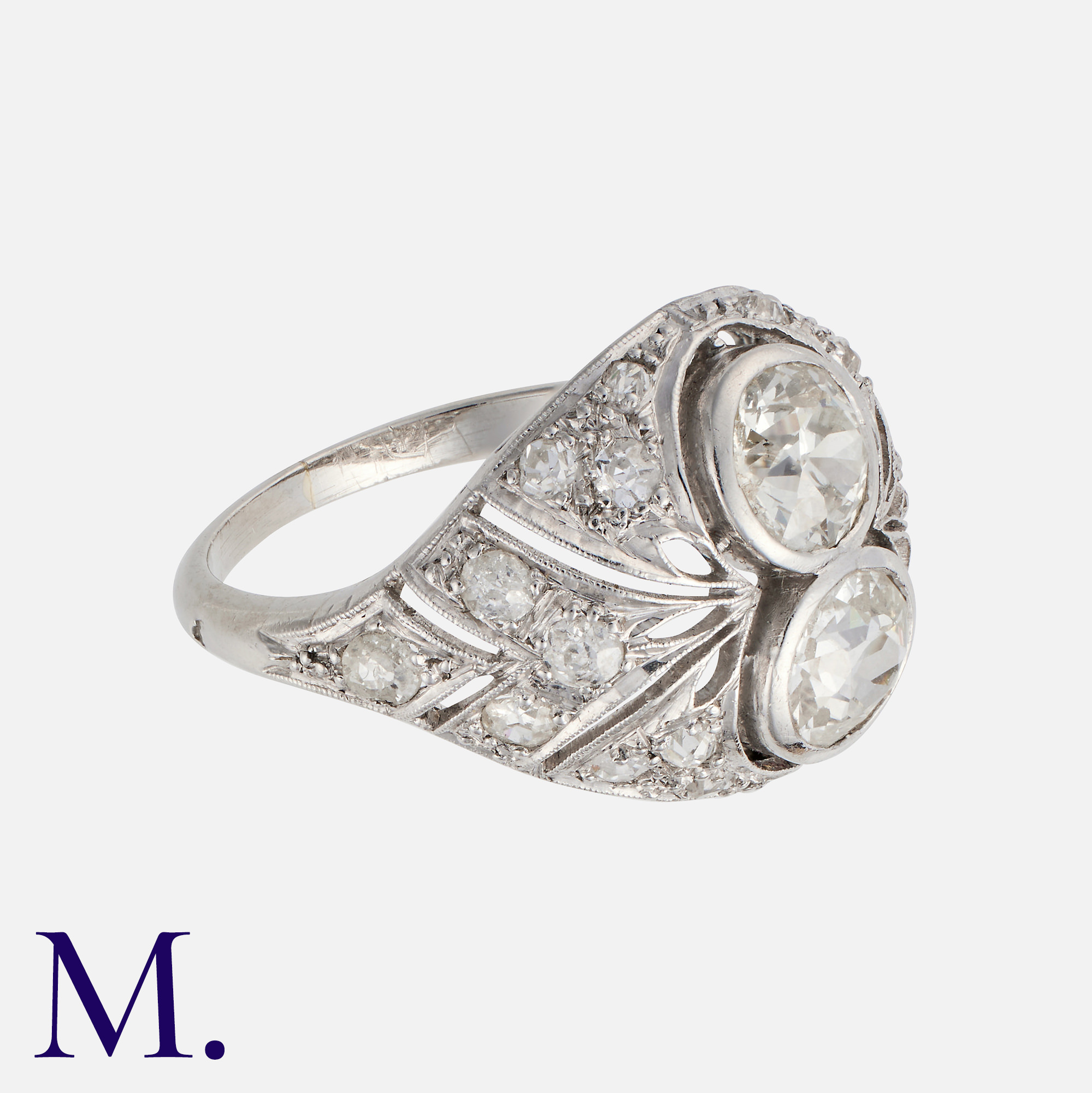 An Art Deco French Diamond Bombe Ring in platinum set with two old cut diamonds of approximately 0. - Image 2 of 2