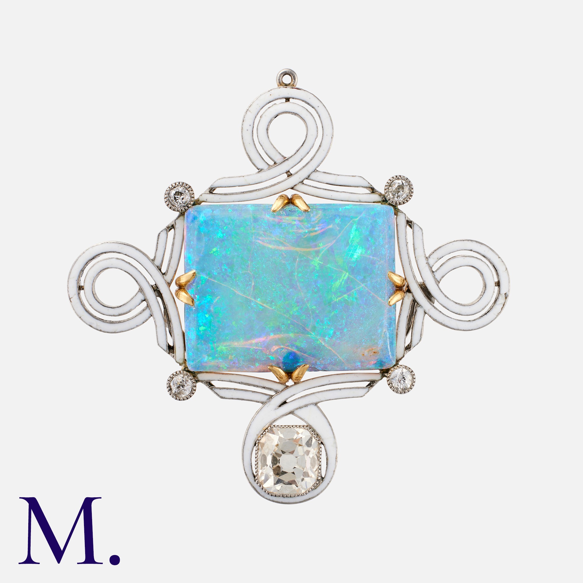 An Opal and Diamond Brooch, set in 18K gold, the large rectangular opal of fine colour set to the