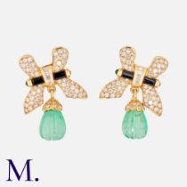 A Pair of Carved Emerald, Onyx & Diamond Earrings in 18K yellow gold, the fluted emerald drops to