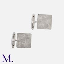 A Pair of Diamond Cufflinks in 18K white gold pavé set with diamonds to the face and sides. Size: